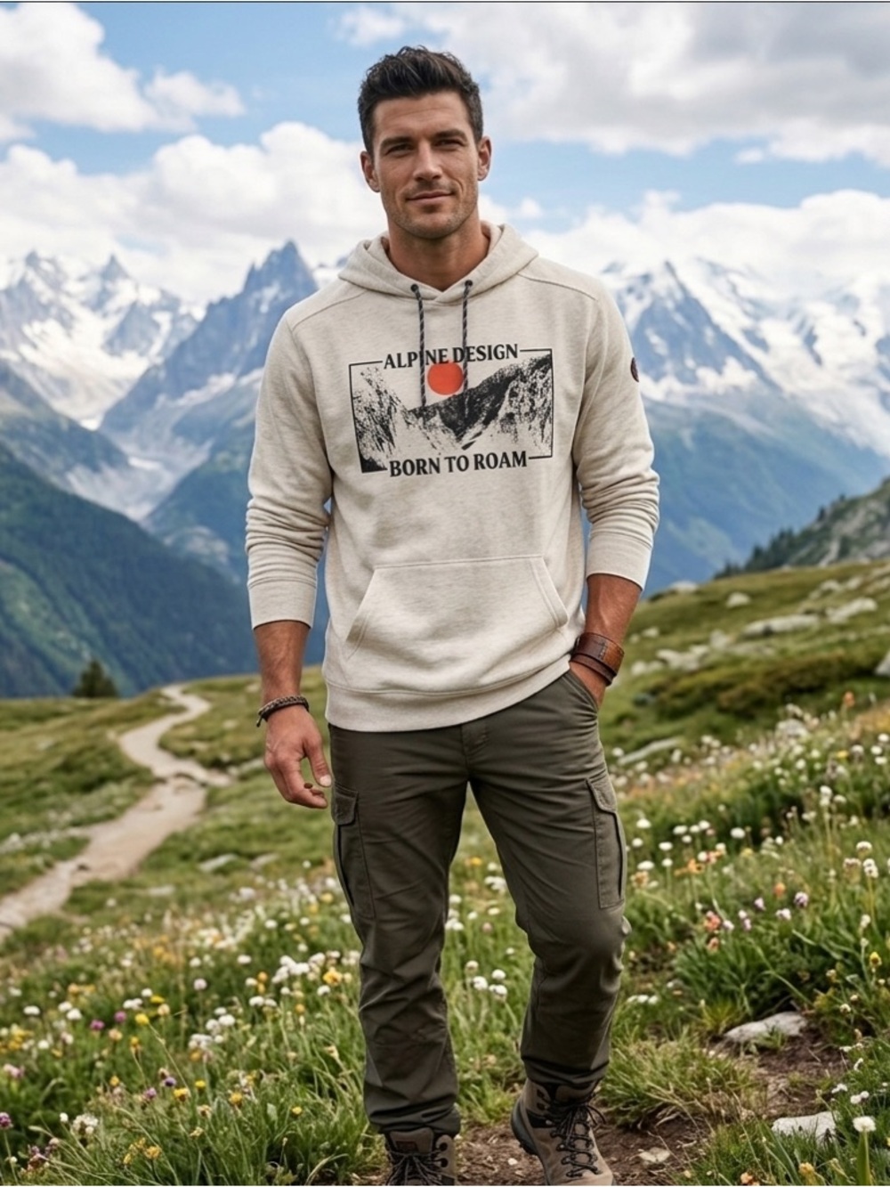 Alpine Design Men’s Cream Graphic Hoodie - Born to Roam